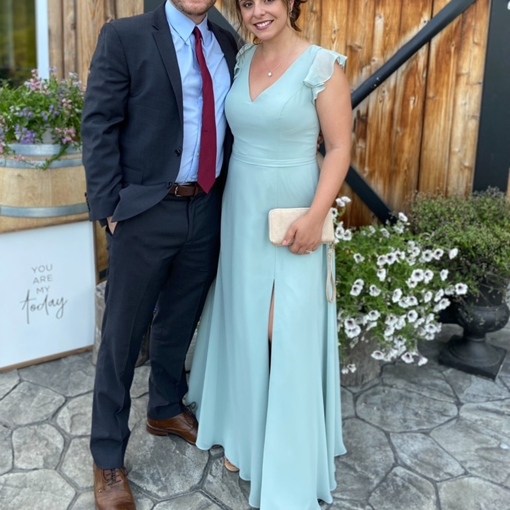 Azazie bridesmaid dress, color Agave, style Claudine